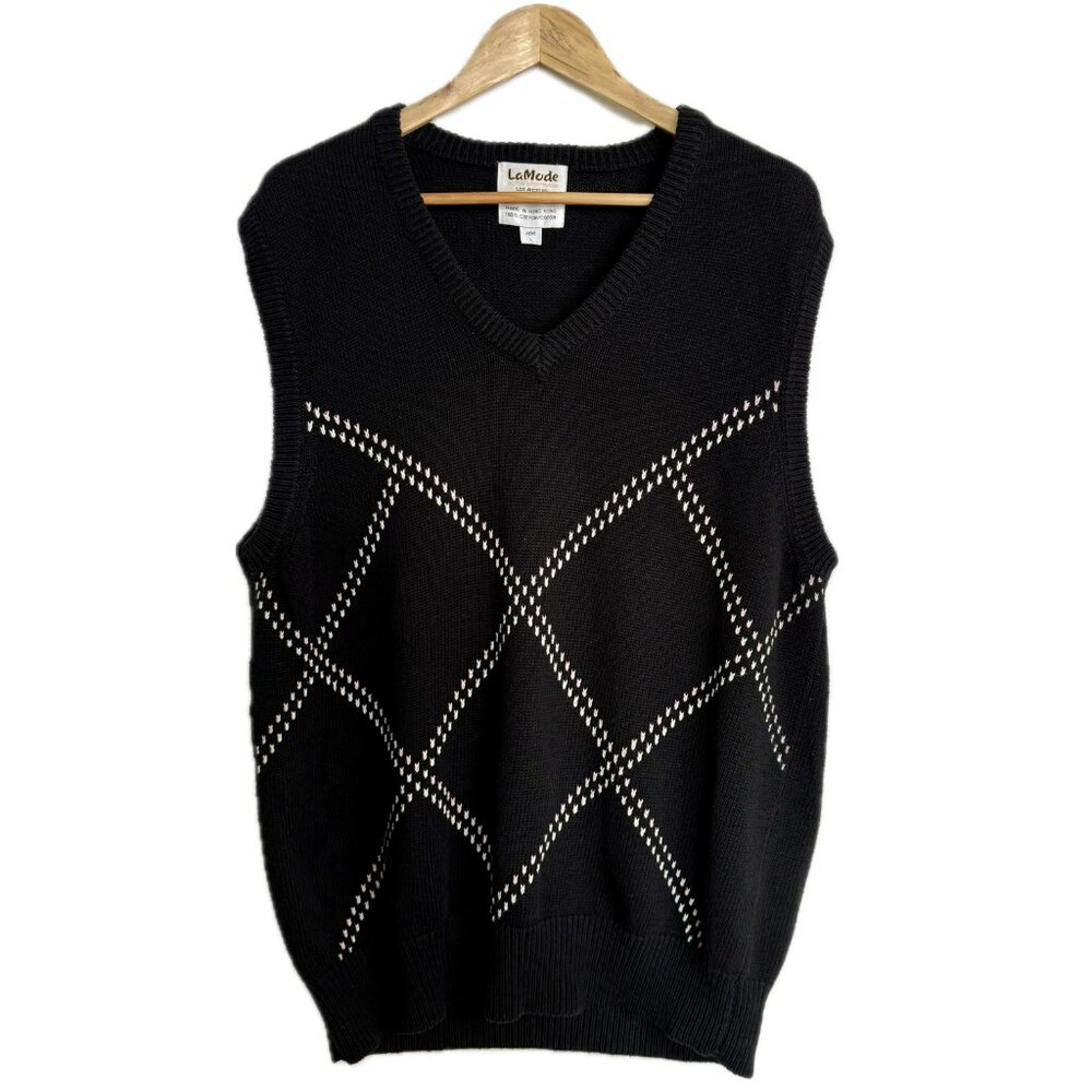 Vintage Sweater Vest Men Large Black Pink Cotton 90s Diamond Geo Grandpa Golf